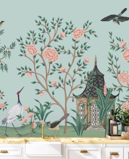 blauw en roze chinoiseriebehang genaamd Chinoiserie Rose Garden and Pagoda voor slaapkamers en woonkamers