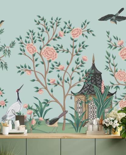 blue and pink chinoiserie wallpaper called Chinoiserie Rose Garden and Pagoda for bedrooms and living rooms