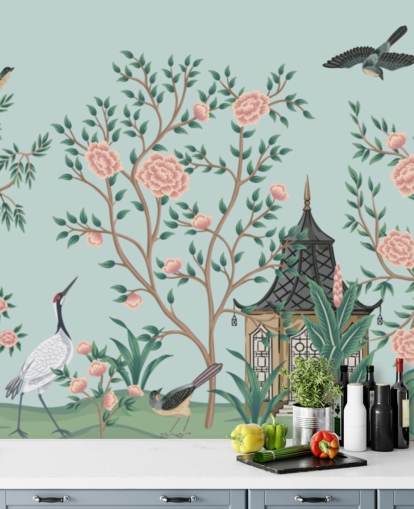 sininen ja vaaleanpunainen chinoiserie-taustakuva nimeltä Chinoiserie Rose Garden ja Pagoda makuuhuoneisiin ja olohuoneisiin