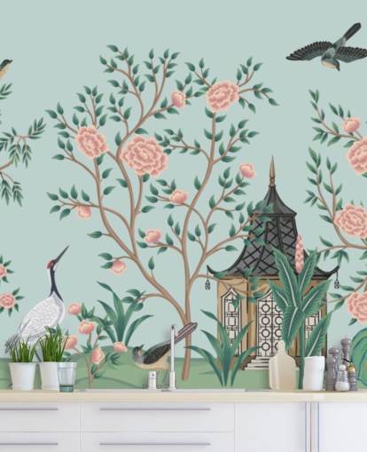 papier peint de chinoiserie bleu et rose appelé Chinoiserie Rose Garden and Pagoda pour les chambres et les salons