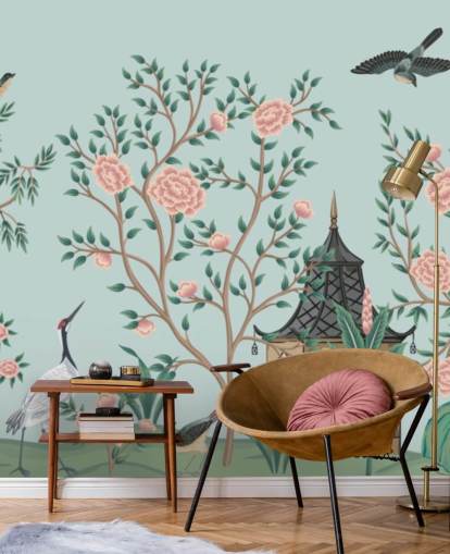 blaue und rosafarbene Chinoiserie-Tapete namens Chinoiserie Rose Garden and Pagoda für Schlafzimmer und Wohnzimmer