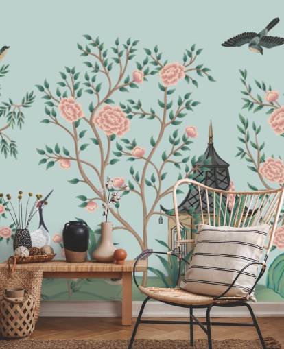 blå och rosa chinoiserie tapet som heter Chinoiserie Rose Garden och Pagoda för sovrum och vardagsrum