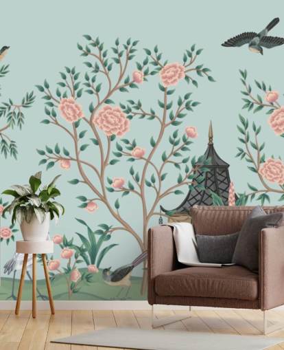 sininen ja vaaleanpunainen chinoiserie-taustakuva nimeltä Chinoiserie Rose Garden ja Pagoda makuuhuoneisiin ja olohuoneisiin