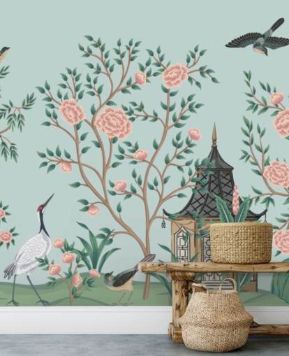blauw en roze chinoiseriebehang genaamd Chinoiserie Rose Garden and Pagoda voor slaapkamers en woonkamers