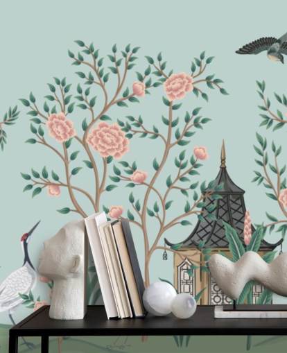 carta da parati chinoiserie blu e rosa chiamata Chinoiserie Rose Garden and Pagoda per camere da letto e salotti carta da parati chinoiserie blu e rosa chiamata Chinoiserie Rose Garden and Pagoda per camere da letto e salotti