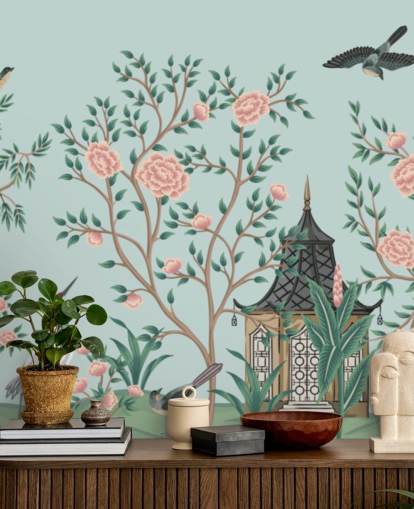 blauw en roze chinoiseriebehang genaamd Chinoiserie Rose Garden and Pagoda voor slaapkamers en woonkamers