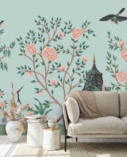 blå og lyserød chinoiserie tapet kaldet Chinoiserie Rose Garden og Pagoda til soveværelser og stuer blå og lyserød chinoiserie tapet kaldet Chinoiserie Rose Garden og Pagoda til soveværelser og stuer