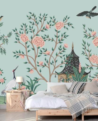 blaue und rosafarbene Chinoiserie-Tapete namens Chinoiserie Rose Garden and Pagoda für Schlafzimmer und Wohnzimmer blaue und rosafarbene Chinoiserie-Tapete namens Chinoiserie Rose Garden and Pagoda für Schlafzimmer und Wohnzimmer