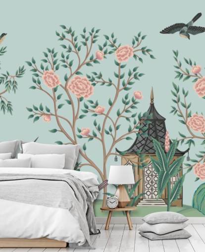 papel pintado de chinoiserie azul y rosa llamado Chinoiserie Rose Garden and Pagoda para dormitorios y salas de estar papel pintado de chinoiserie azul y rosa llamado Chinoiserie Rose Garden and Pagoda para dormitorios y salas de estar
