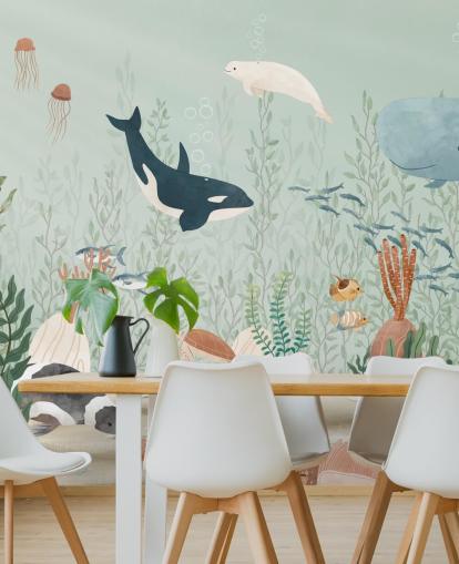 mural de papel de parede fofo da vida marinha 