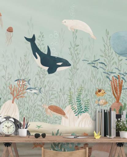 mural de papel de parede fofo da vida marinha 