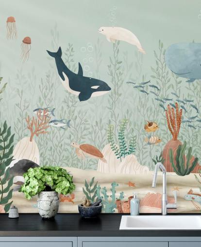 mural de papel de parede fofo da vida marinha 