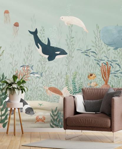 mural de papel de parede fofo da vida marinha 