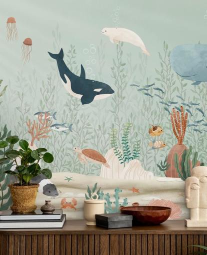 mural de papel de parede fofo da vida marinha 