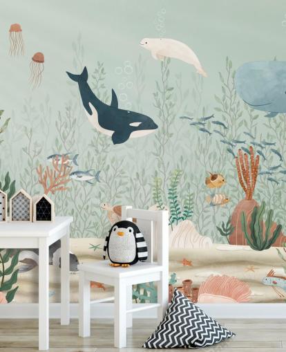 mural de papel de parede fofo da vida marinha 