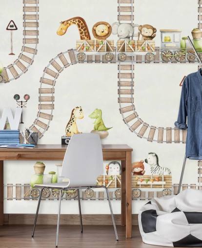 cute animals and trains kids mural