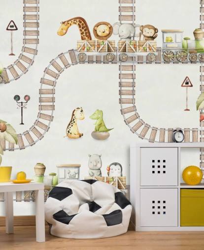 cute animals and trains kids mural