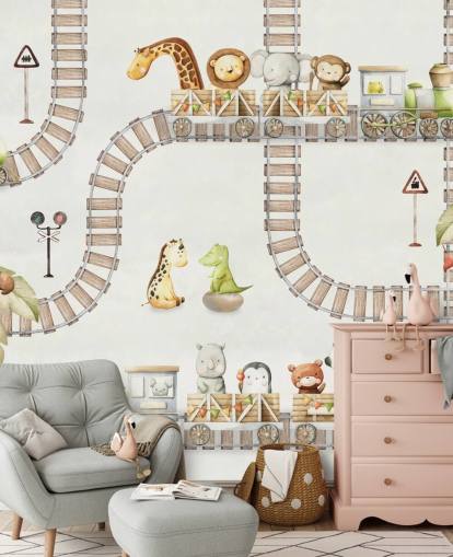 niedliches Wandbild mit Tieren und Zügen für Kinder