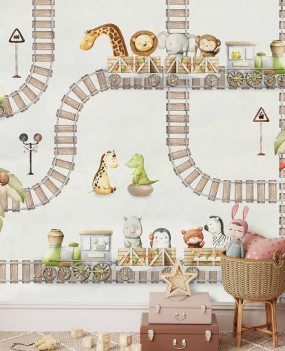 mural para niños con lindos animales y trenes mural para niños con lindos animales y trenes