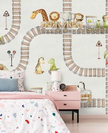 cute animals and trains kids mural