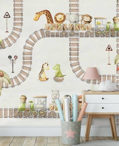 cute animals and trains kids mural