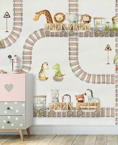 murale per bambini con simpatici animali e treni