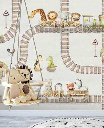 niedliches Wandbild mit Tieren und Zügen für Kinder