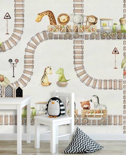cute animals and trains kids mural