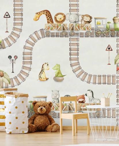 peinture murale pour enfants avec de jolis animaux et trains