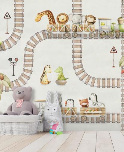 cute animals and trains kids mural
