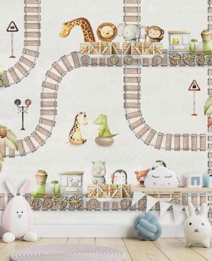peinture murale pour enfants avec de jolis animaux et trains