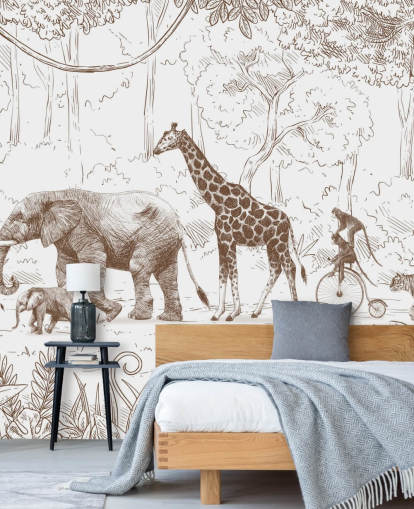 murale con animali della giungla per bambini in marrone