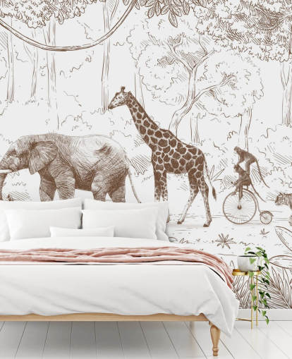 mural de pared de animales de la jungla para niños en marrón
