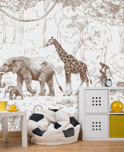 mural de pared de animales de la jungla para niños en marrón mural de pared de animales de la jungla para niños en marrón