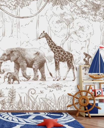 kids jungle animals wall mural in brown kids jungle animals wall mural in brown