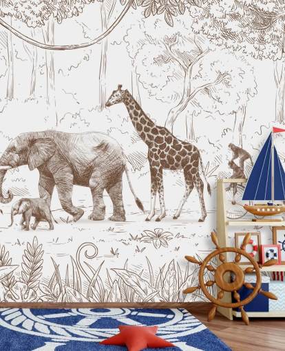 Décoration murale pour enfants avec animaux de la jungle en marron