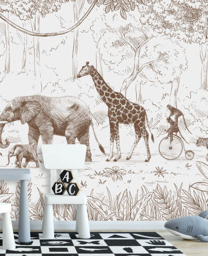mural de parede para crianças e animais da selva em marrom