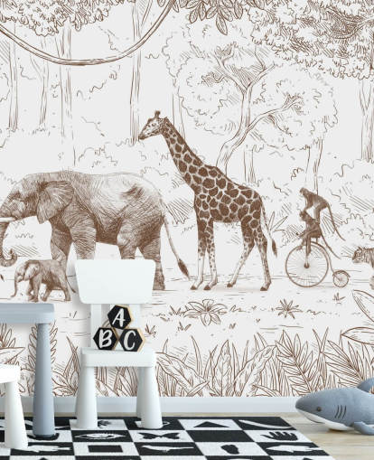 murale con animali della giungla per bambini in marrone