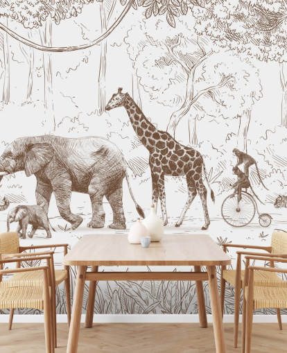 Muurschildering voor kinderen met jungledieren in bruin Muurschildering voor kinderen met jungledieren in bruin