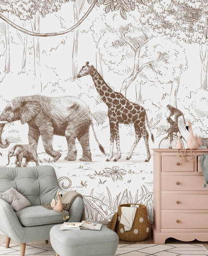 murale con animali della giungla per bambini in marrone