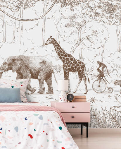 mural de parede para crianças e animais da selva em marrom mural de parede para crianças e animais da selva em marrom