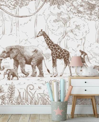 Wandbild mit Dschungeltieren für Kinder, braun