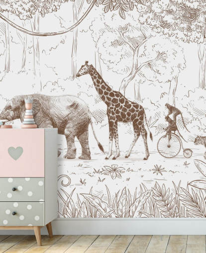 kids jungle animals wall mural in brown kids jungle animals wall mural in brown