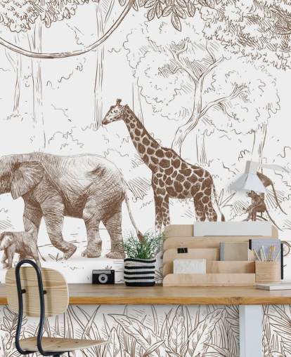 kids jungle animals wall mural in brown
