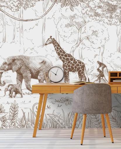 kids jungle animals wall mural in brown