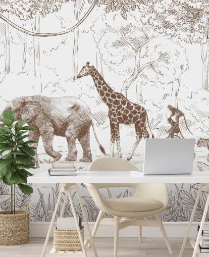 kids jungle animals wall mural in brown