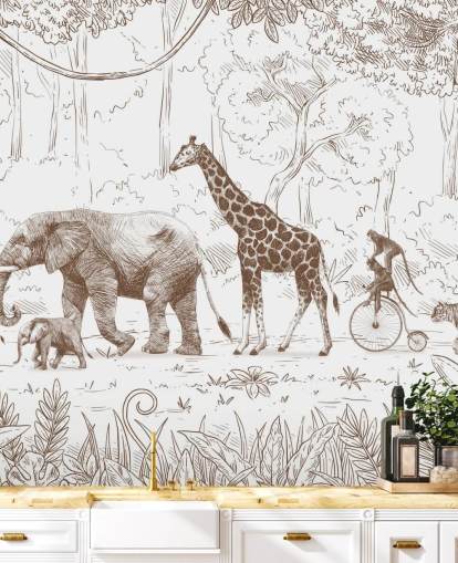 mural de pared de animales de la jungla para niños en marrón