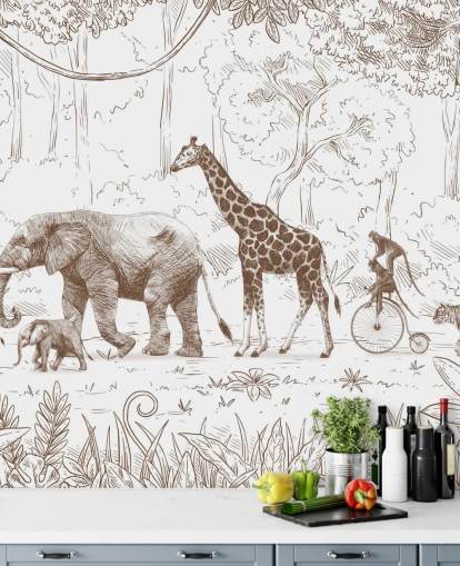 mural de pared de animales de la jungla para niños en marrón