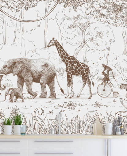 kids jungle animals wall mural in brown