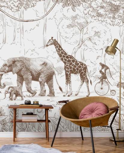 kids jungle animals wall mural in brown